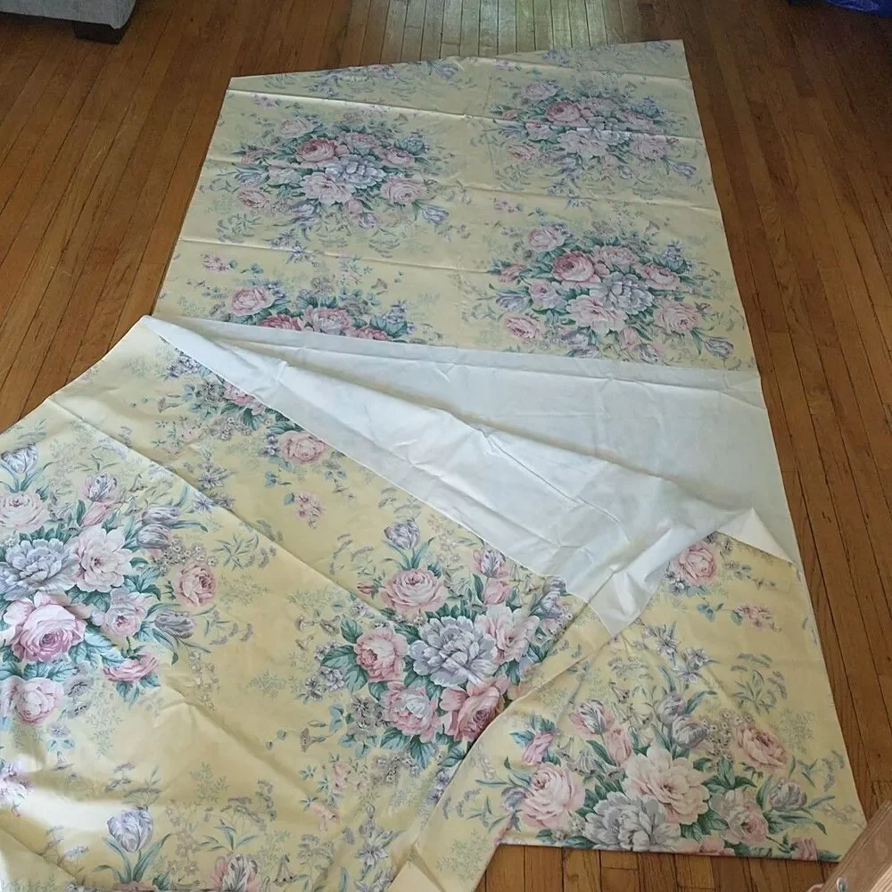 Vtg Fish Tail Swag Curtains Drapes Yellow Floral French Country Lined
